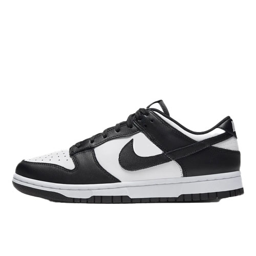 A black and white Nike Dunk Low sneaker with a classic design and the Nike swoosh logo on the side.