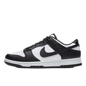 A black and white Nike Dunk Low sneaker with a classic design and the Nike swoosh logo on the side.
