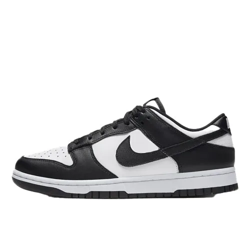 A black and white Nike Dunk Low sneaker with a classic design and the Nike swoosh logo on the side.