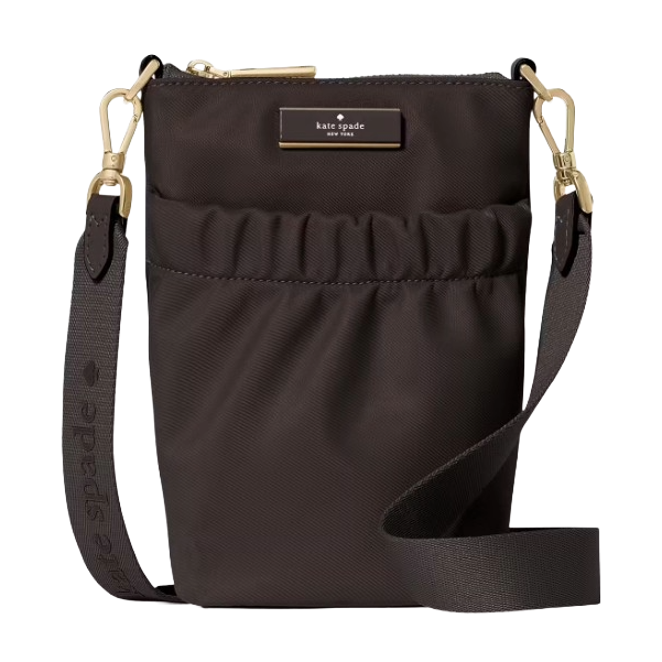 A brown Kate Spade New York crossbody bag with a gold-tone zipper, detachable strap, and front pocket detailing.