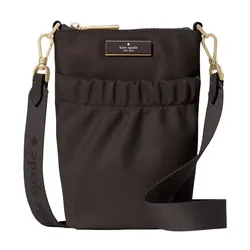 A brown Kate Spade New York crossbody bag with a gold-tone zipper, detachable strap, and front pocket detailing.