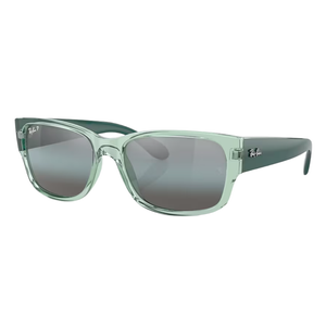 Translucent green sunglasses with polarized lenses, featuring a classic square frame design and a subtle logo on the temple.