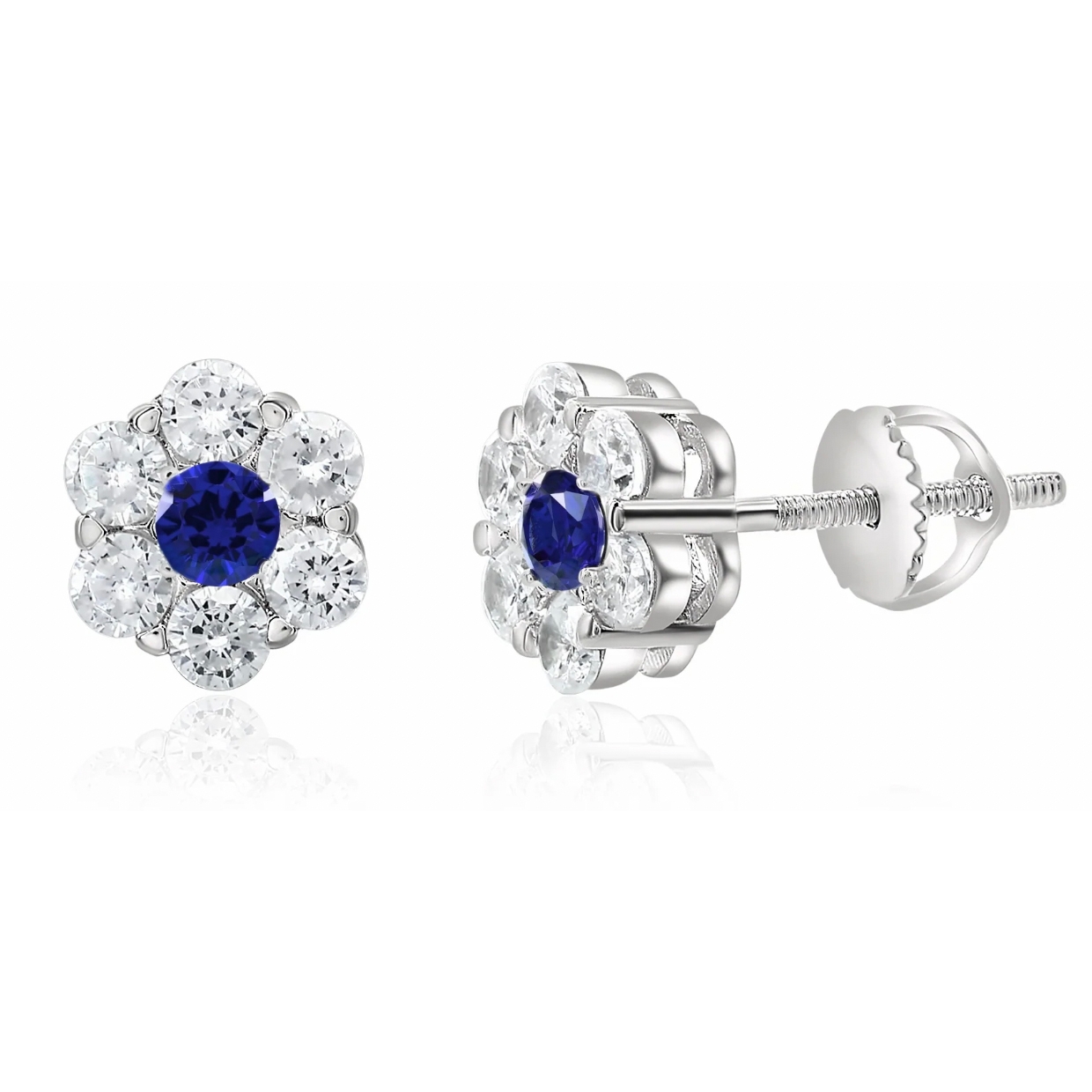 Silver stud earrings with a flower design, featuring a central round blue gemstone surrounded by six clear cubic zirconia stones.