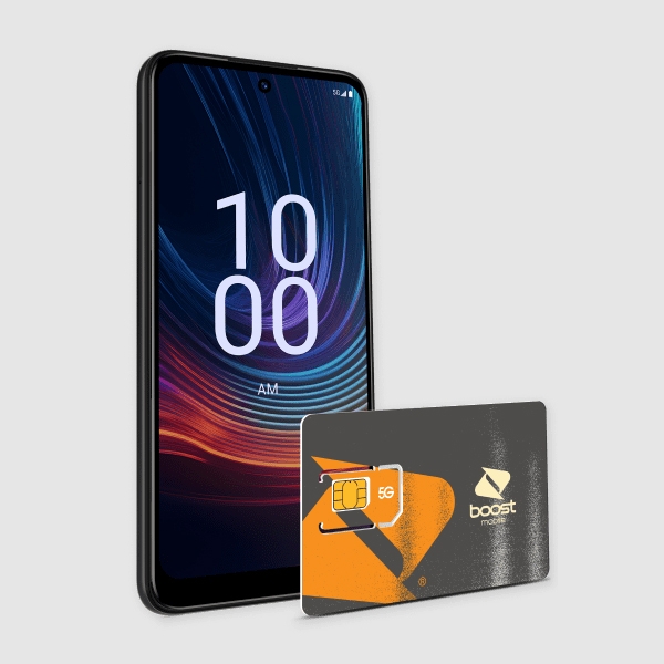 A smartphone displaying the time next to a SIM card package from Boost Mobile.