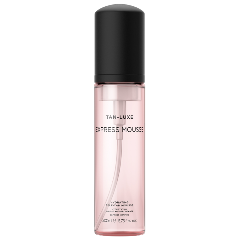 The Tan-Luxe Express Mousse is a hydrating self-tan mousse, offering express tanning. The bottle is a 200ml (6.76 fl oz) size.