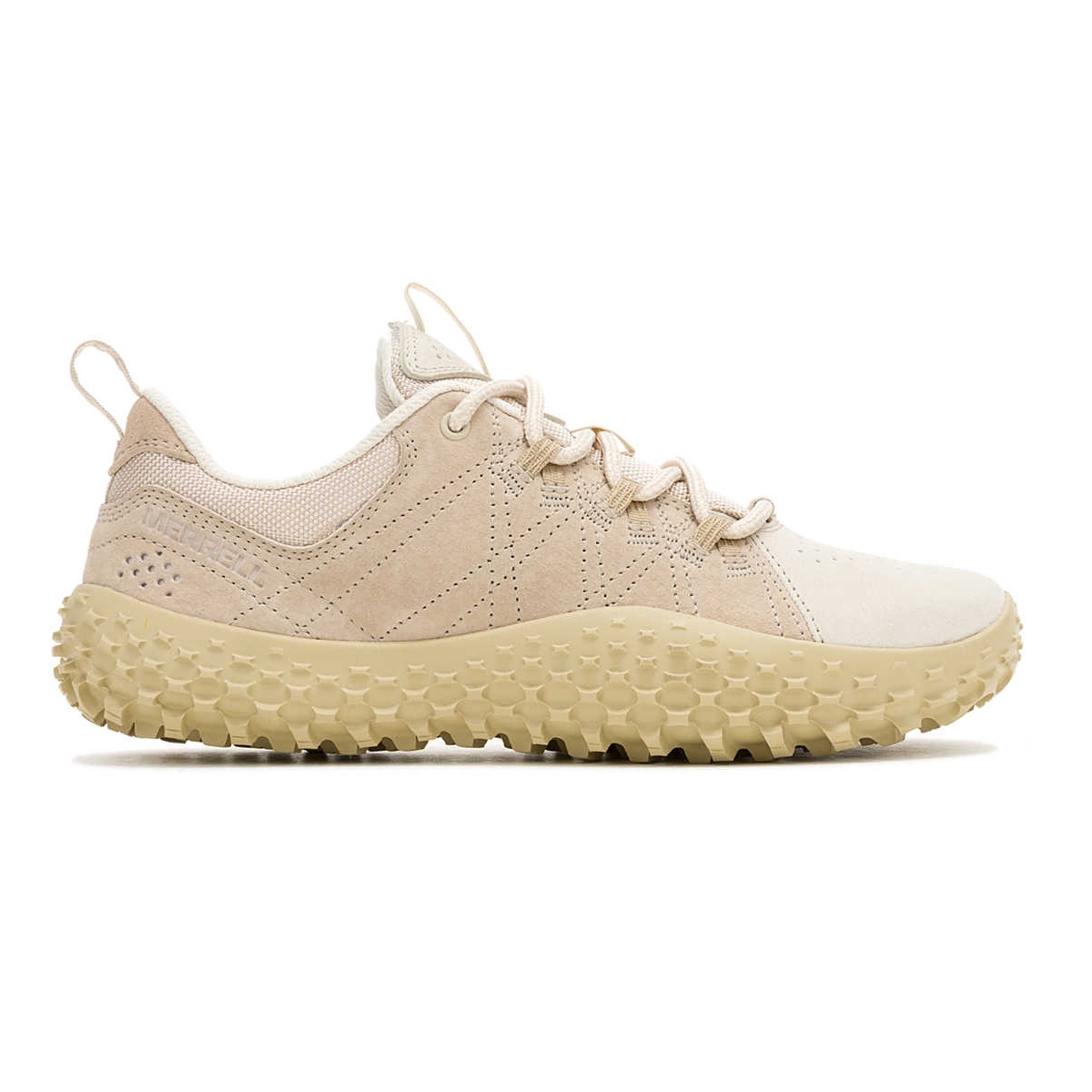 Merrell Women's Wrapt Shoes are cream-colored outdoor sneakers featuring a textured, rugged sole for enhanced grip and durability, lace-up closure, and a comfortable, breathable upper design suitable for various terrains and activities.