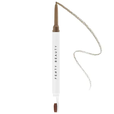 A Fenty Beauty brow pencil with a thin, retractable tip for precise application, and a built-in brush for shaping and blending.