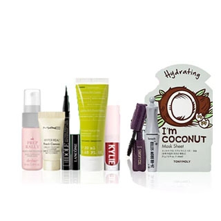 The 8pc Macy's Beauty Kit includes a makeup spray, face primer, eyeliner, moisturizer, lip gloss, mascara, and a hydrating coconut sheet mask.
