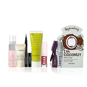 The 8pc Macy's Beauty Kit includes a makeup spray, face primer, eyeliner, moisturizer, lip gloss, mascara, and a hydrating coconut sheet mask.