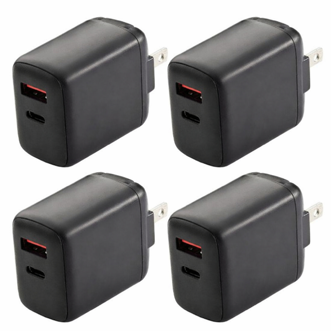 Four black wall chargers with both USB-A and USB-C ports, designed for electrical outlets.