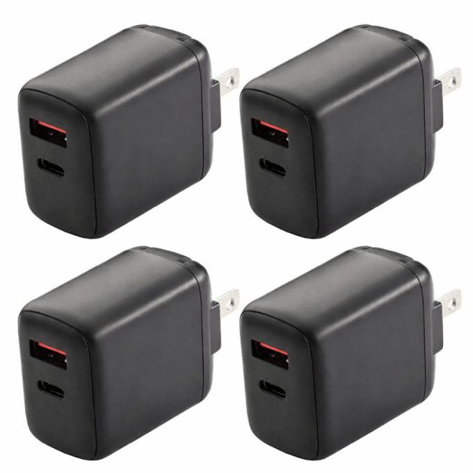Four black wall chargers with both USB-A and USB-C ports, designed for electrical outlets.