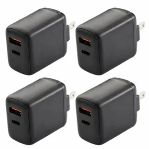 Four black wall chargers with both USB-A and USB-C ports, designed for electrical outlets.