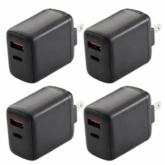 Four black wall chargers with both USB-A and USB-C ports, designed for electrical outlets.