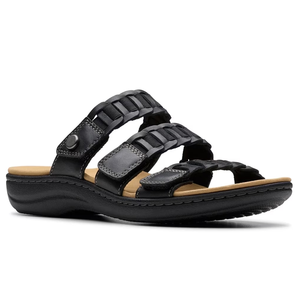 Black leather sandal with three adjustable straps and a cushioned sole.
