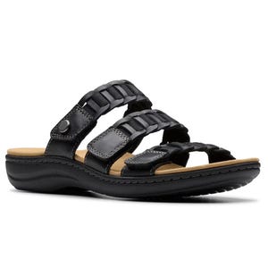 Black leather sandal with three adjustable straps and a cushioned sole.