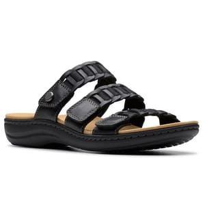 Black leather sandal with three adjustable straps and a cushioned sole.