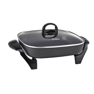 A black square electric skillet with a glass lid, featuring side handles and a raised, stable base.