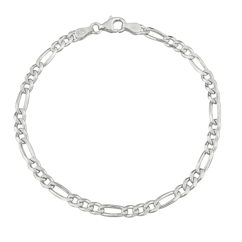 A sterling silver Figaro link bracelet featuring a pattern of alternating short and long links, with a lobster clasp and \“925\“ marking indicating its purity.