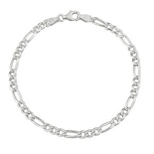 A sterling silver Figaro link bracelet featuring a pattern of alternating short and long links, with a lobster clasp and \“925\“ marking indicating its purity.