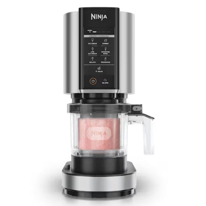 Ninja CREAMi ice cream maker, featuring various settings for making ice cream, sorbet, gelato, and milkshakes with a transparent container showcasing a pink frozen treat.