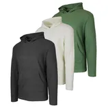 Three hooded waffle-knit long-sleeve shirts are displayed in black, white, and green, each featuring a front pouch pocket.