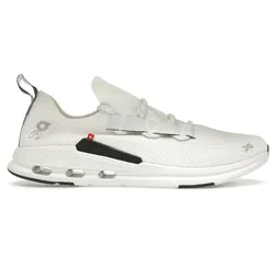 A white athletic shoe with a breathable mesh upper, featuring unique lacing and brand logos. The midsole has hexagonal details and a black accent, combining style and functionality.