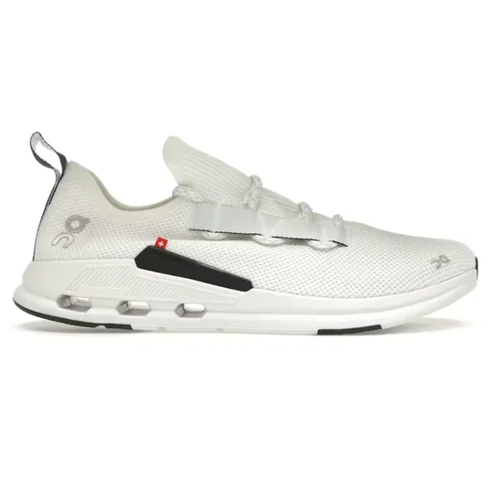 A white athletic shoe with a breathable mesh upper, featuring unique lacing and brand logos. The midsole has hexagonal details and a black accent, combining style and functionality.