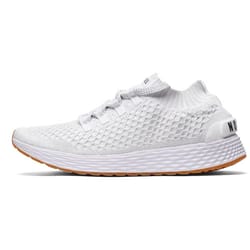 White athletic shoe with a textured knit upper, lace-up design, and a cushioned sole. The sole is white with a light brown gum outsole.