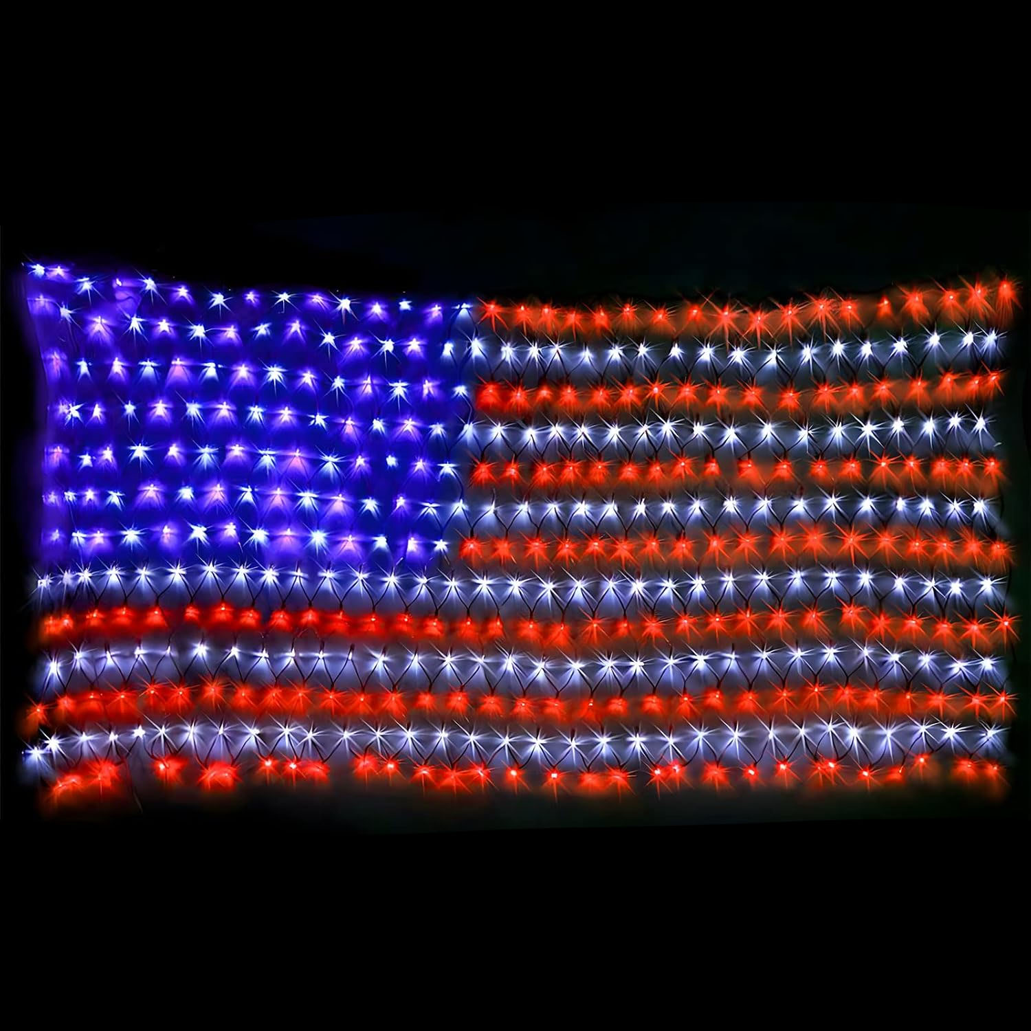 LED net lights display in the shape of the American flag, featuring blue, white, and red colors.