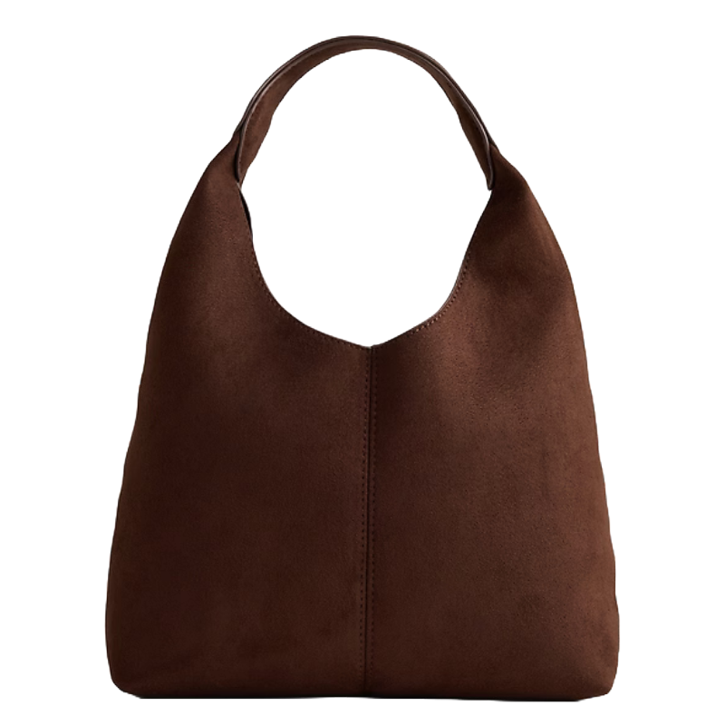 A brown suede hobo-style bag with a single strap and a simple, minimalistic design.