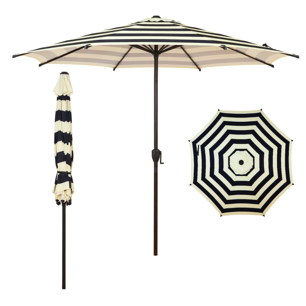 Black and white striped patio umbrella with a central pole, featuring an extended view, a closed view, and a top-down view.