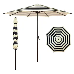 Black and white striped patio umbrella with a central pole, featuring an extended view, a closed view, and a top-down view.
