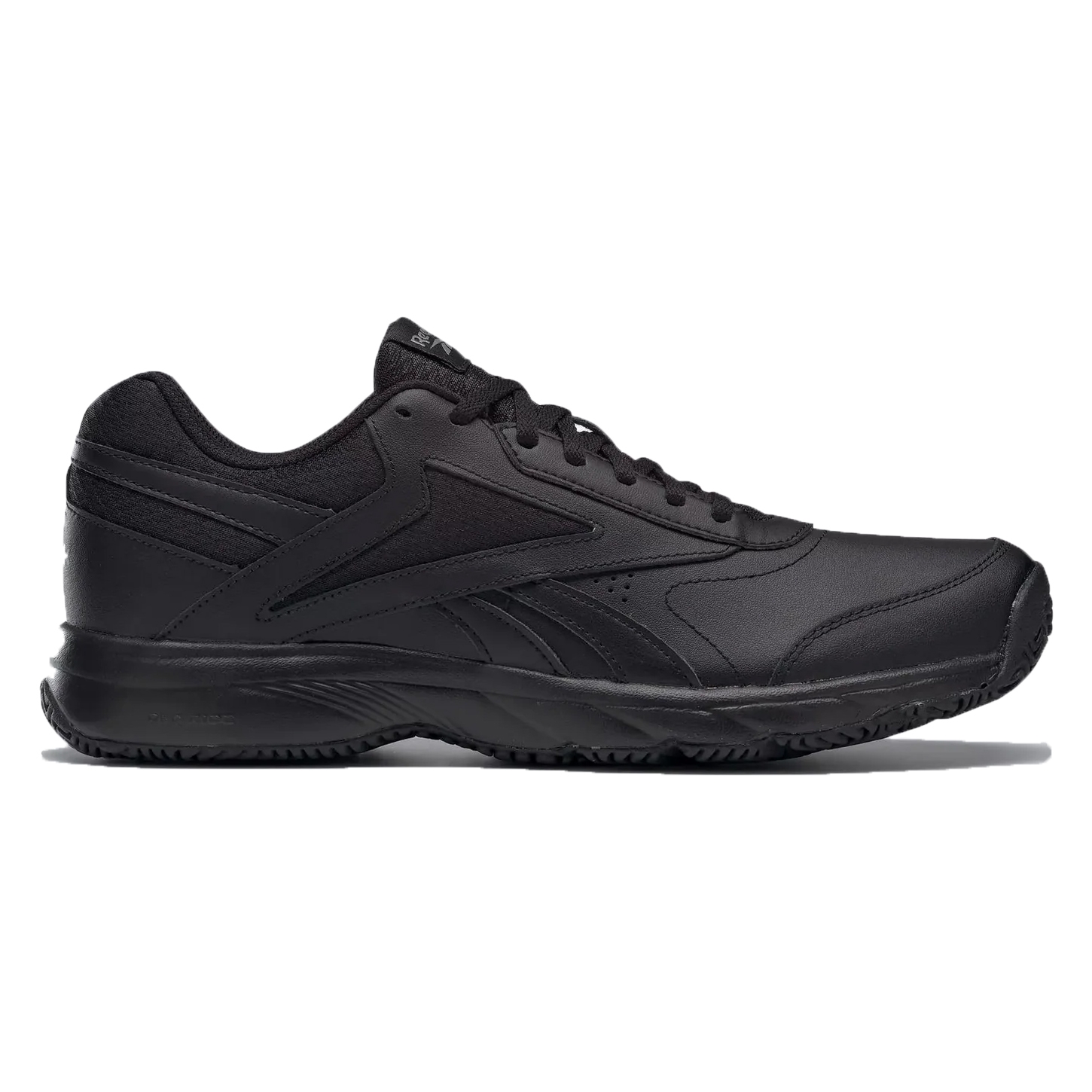 Reebok Work N Cushion 4 Shoes are all-black athletic shoes with a durable leather and synthetic upper, featuring a cushioned footbed and slip-resistant outsole for comfort and safety.