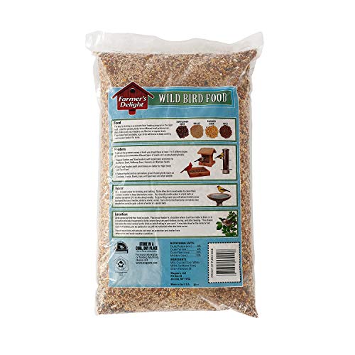 A clear plastic bag of Wagner's Wild Bird Food with a red and blue label, showcasing various bird feeder types and bird species.