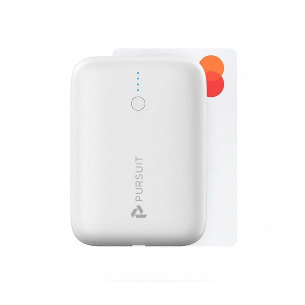 A white square portable charger with an attached credit card, displaying LED indicator lights and a central button.