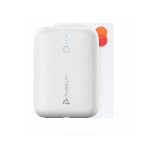 A white square portable charger with an attached credit card, displaying LED indicator lights and a central button.