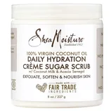 SheaMoisture Daily Hydration Crème Sugar Scrub with 100% virgin coconut oil, coconut milk, and acacia senegal. Exfoliates, softens, and nourishes skin. 8 oz / 227 g. Made with fair trade ingredients.