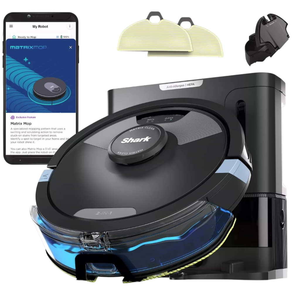Shark 2-in-1 robot vacuum and mop with Matrix Mop technology, shown with its docking station, extra mop cloths, and charging base. Includes a smartphone displaying app connectivity.