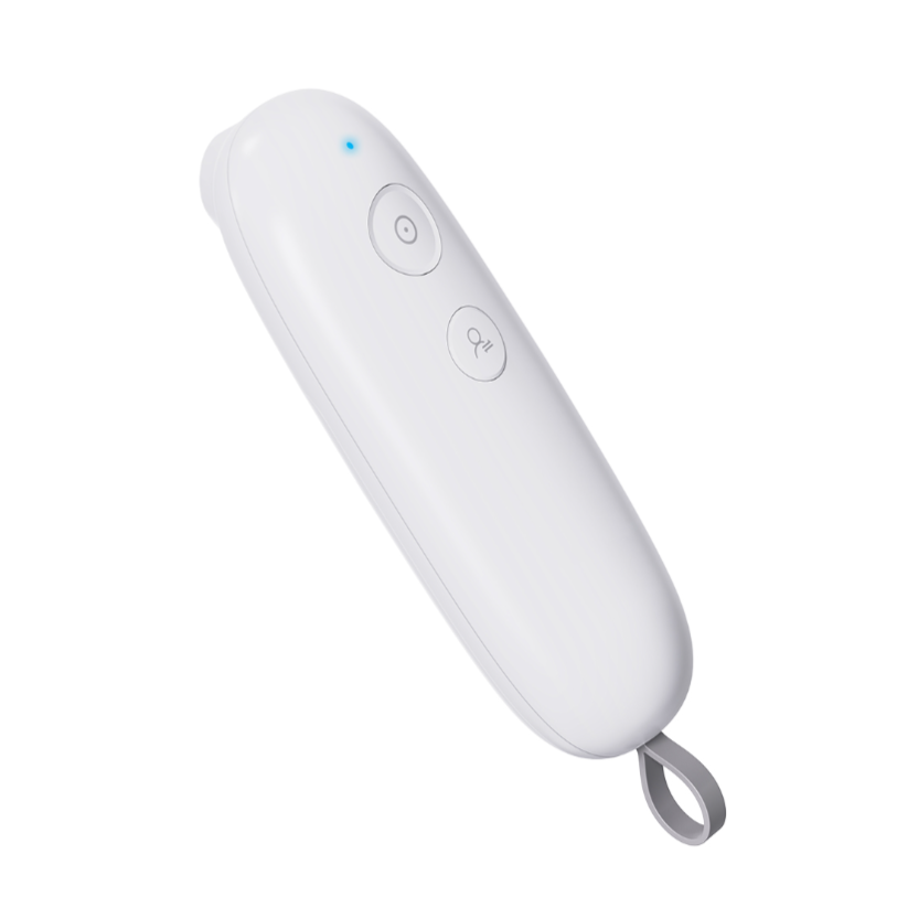 A sleek, white remote control with two buttons and a blue indicator light, featuring a lanyard attachment on one end.