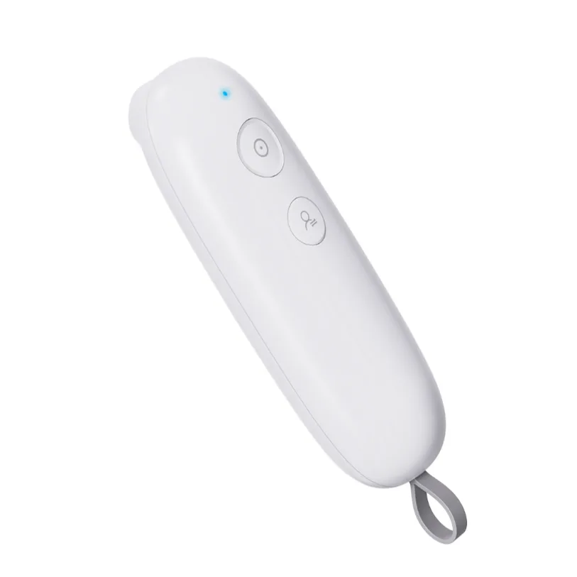 A sleek, white remote control with two buttons and a blue indicator light, featuring a lanyard attachment on one end.