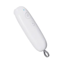 A sleek, white remote control with two buttons and a blue indicator light, featuring a lanyard attachment on one end.
