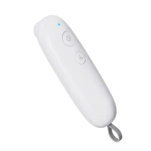 A sleek, white remote control with two buttons and a blue indicator light, featuring a lanyard attachment on one end.