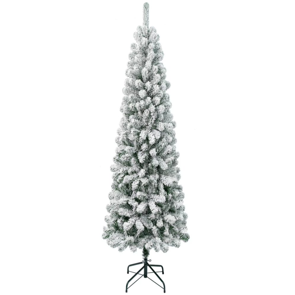 Slim, flocked artificial Christmas tree with snowy appearance on a metal stand.