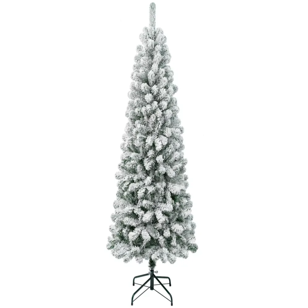 Slim, flocked artificial Christmas tree with snowy appearance on a metal stand.
