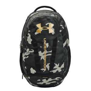 Camouflage backpack with a gold Under Armour logo and \“Under Armour\“ text. Features water-resistant material (HSTORM).