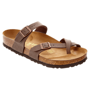 Brown Mayari Birko-Flor Nubuck Sandal featuring a thong-style design with two adjustable buckles, a contoured footbed, cork sole, and a non-slip bottom.