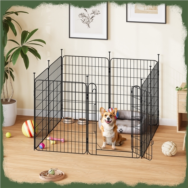 A 32\“ black wire pet playpen suitable for indoor or outdoor use, shown with a small dog inside. It has a secure gate, a cushioned bed, and various toys scattered around, set in a well-decorated room with plants and framed artwork.