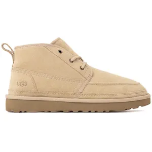 A tan suede mid-top boot with a pull tab and lace-up design on a durable rubber sole, featuring the UGG logo embossed on the side.