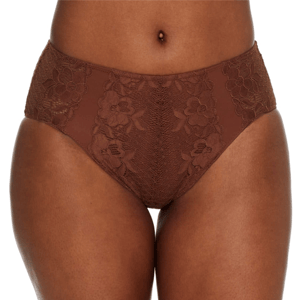 Brown lace high-waisted panties featuring floral patterns for a stylish design.