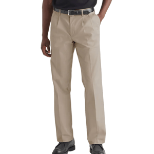 Dockers Essential Chinos are light khaki, pleated-front pants with belt loops, worn with a black belt and black shoes. They're designed for a classic, polished look, suitable for both casual and business casual settings.